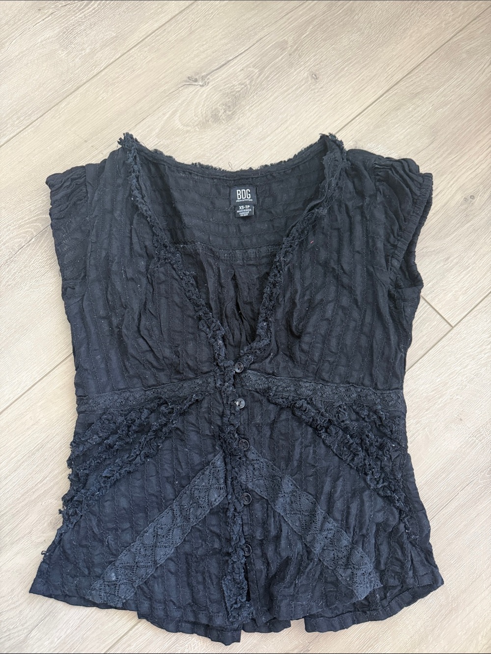 BDG Black Textured Button-Front Lace Panel Top